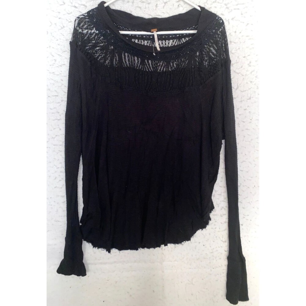 Free People Spring Valley Thermal Top Black Lace Yoke Womens M Long Sleeve
